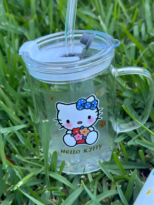 Glass Hello Kitty Cup Blue Bow w/th Lid